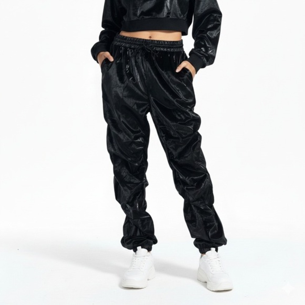 LABIJOU Black Shiny Ruched‎ Jogger Pants Womens L Retro Y2K Streetwear